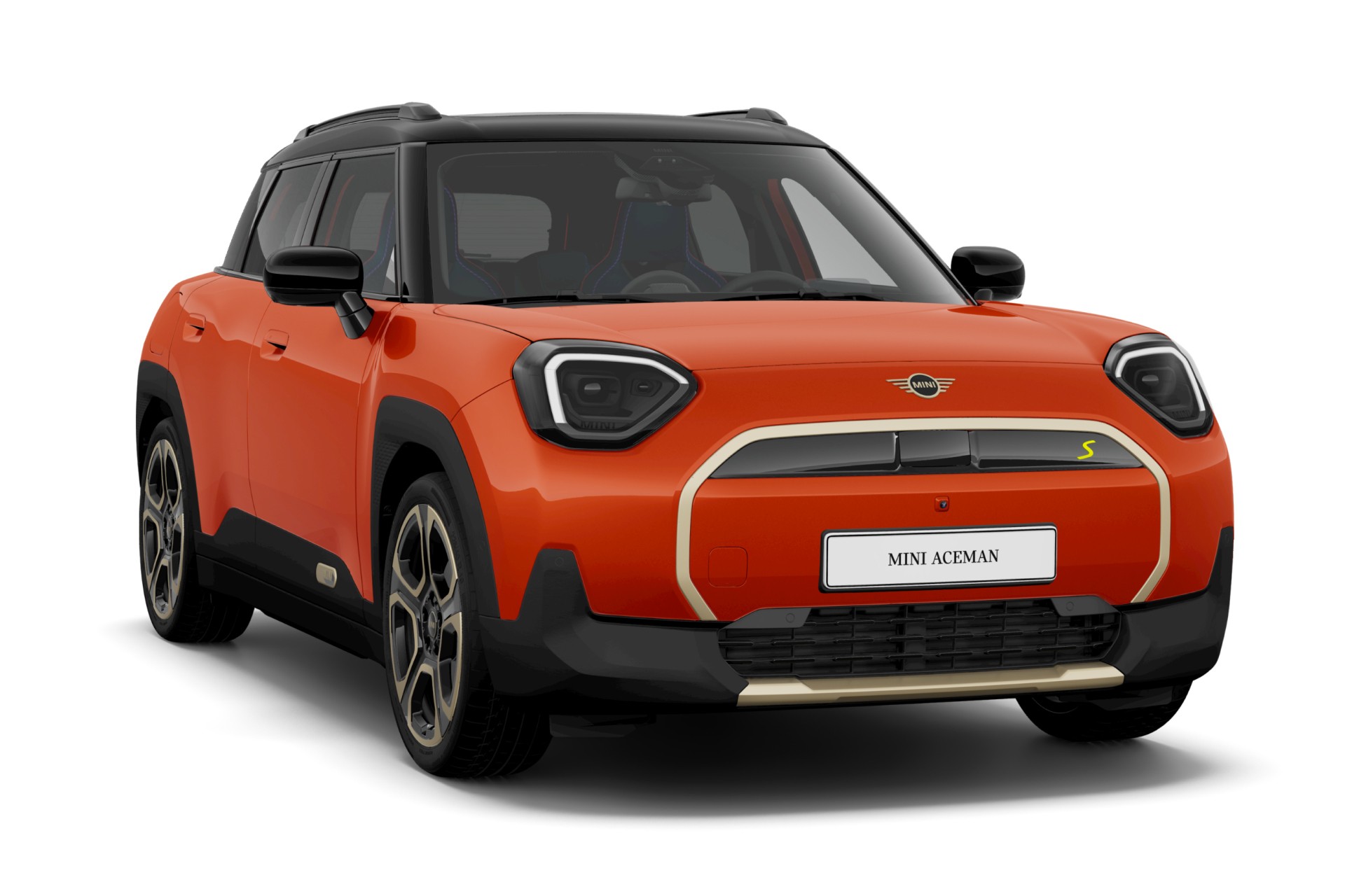 A joyful woman sits in the driver’s seat of a blue MINI, laughing with excitement.